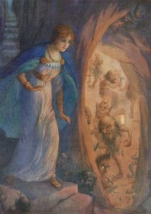 Freyja v jeskyni trpaslíků, z knihy "Freyjin náhrdelník" (barevná litografie) od Harry George Theaker