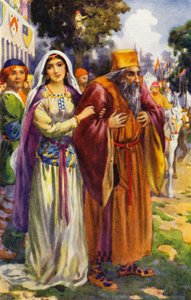 "Spatřil Žida Izáka a jeho krásnou dceru Rebeku" (barevná litografie) od Harry George Theaker