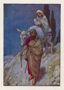Josef vstal, v noci vzal dítě i jeho matku a odešel do Egypta (barevná litografie). od Harry George Theaker