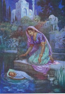 Kunti se neodvážila neuposlechnout. Z knihy Dobrodružní bratři, ilustrace z "Dětských příběhů z indických legend", asi 30. léta 20. století (barevná litografie). od Harry George Theaker