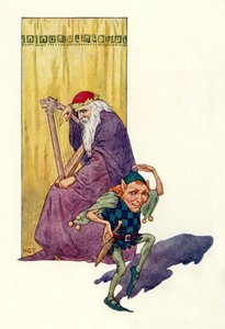 Minstrelové a trpaslíci baví krále (barevná litografie) od Harry George Theaker