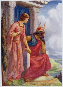 "Odin a Frigga" z knihy "Asgard a jeho král" s ilustracemi pro knihu "Dětské příběhy ze severských legend", kterou vydal Raphael Tuck od Harry George Theaker