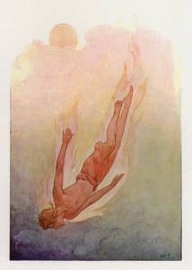 Faeton s vlasy v plamenech, padající do hluboké chladné řeky (barevná litografie) od Harry George Theaker