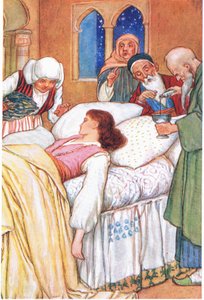 Princezna Aldebonda a její lékaři (z příběhu (Poutníci lásky), ilustrace z "Příběhů z Alhambry", asi 1940 (barevná litografie) od Harry George Theaker