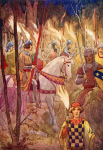 Průvod rytířů s pochodněmi (barevná litografie) od Harry George Theaker