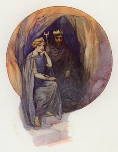 Proserpina sedí v dlouhém černém rouchu na velkém černém trůnu a vedle ní stojí zuřivý černý král (barevná litografie). od Harry George Theaker
