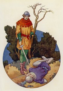 Robin udeřil domů a jednou velkou ranou usmrtil Guye z Gisbornu (barevná litografie). od Harry George Theaker