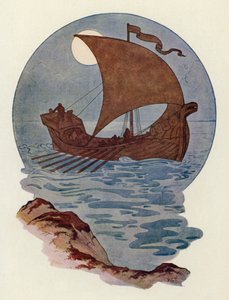 Byla postavena jako severská válečná loď (barevná litografie). od Harry George Theaker