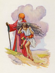 Abraham a Izák stoupají bok po boku po strmé cestě (barevná litografie) od Harry George Theaker