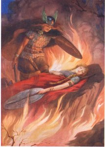 "Sigurd a Brynhilda" z knihy "Meč Volsungů" ilustrovaná v knize "Dětské příběhy ze severských legend" vydané Raphaelem Tuckem (barevná litografie) od Harry George Theaker
