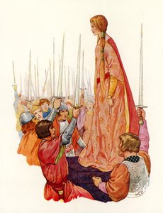 Rytíři zdraví princeznu Guineveru, svou budoucí královnu (barevná litografie) od Harry George Theaker