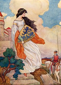 Princezna Iseult se štítem sira Tristrama z Lyonesse (barevná litografie) od Harry George Theaker