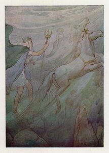 Mořský král ve svém třpytivém voze taženém zelenými koňmi (barevná litografie) od Harry George Theaker