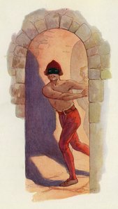 První z nich byl od pasu nahoru nahý a měl černou masku (barevná litografie). od Harry George Theaker