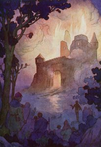 Velká pevnost vzplála, ohnivý sloup byl vidět na míle daleko (barevná litografie). od Harry George Theaker