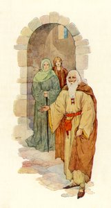 Stařec pozval rytíře do zničeného paláce (barevná litografie)