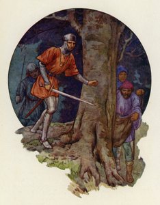"Konečně zločinci!" zvolal šerif a s taseným mečem se rozběhl k místu, kde postavy zmizely (barevná litografie). od Harry George Theaker