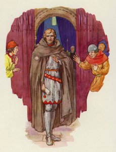 Palmer si odhrnul kápi, rozevřel plášť a ukázal se v plné zbroji (barevná litografie). od Harry George Theaker