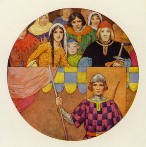 Nahoře na tribuně se sešlo skvělé shromáždění rytířů a dam (barevná litografie). od Harry George Theaker