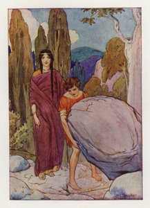 Theseus zvedá velkou skálu, pod níž leží meč a sandály (barevná litografie)
