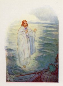 Rybáři, kteří se procházeli po rozbouřeném moři, spatřili Ježíšovu postavu (barevná litografie). od Harry George Theaker