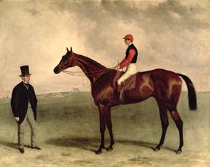 Gladiateur s Harrym Grimshawem a jeho majitelem, hrabětem Fredericem de Lagrange, 1865
