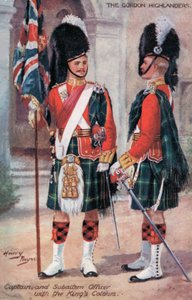 Gordon Highlanders, kapitán a subalterní důstojník, s královskými barvami (barva lito)