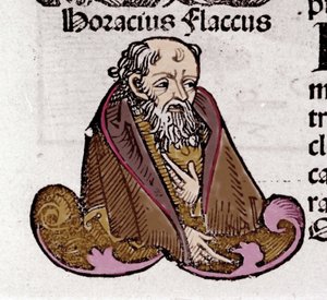Portrét Horatia (Quintus Horatius Flaccus) (65-8 př.nl), latinský básník. V "Knize kroniky" od Hartmanna Schedela. 1497 od Hartmann Schedel