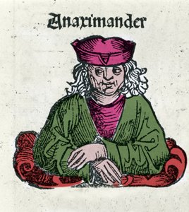Znázornění Anaximandra nebo Anaximandra De Miletus (610 - 547 př. n. l.), řeckého filozofa, matematika a astronoma Xylografie z „“Kroniky Norimberku““ od Hartmanna Schedela