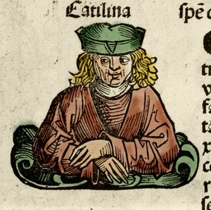 Zastoupení Catiliny (Lucius Sergius Catilina) (108-62 př.nl), římského politika, který se spikl proti Senátu. Rytina z „“ Liber chronicarum““ od Hartmanna Schedela