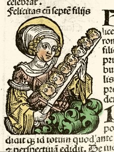 Reprezentace svaté Felicity, mučednická smrt v Římě s hlavami jeho sedmi dětí. xylografie Hartmanna Schedela "" Kroniky Norimberku """ 1493. od Hartmann Schedel