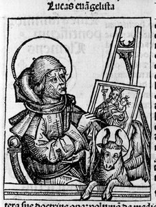 Zastoupení evangelisty svatého Lukáše. Rytina z „Liber chronicarum“ (Norimberské kroniky) od Hartmanna Schedela 1493