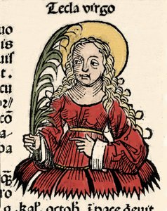 Znázornění Panny a mučednické Thecle of Iconium (Santa Tecla) Xylografie „“Kroniky Norimberku“““ od Hartmanna Schedela od Hartmann Schedel
