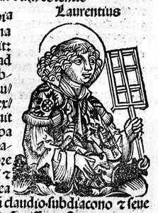 Saint Laurent drží v ruce gril, nástroj jeho mučednictví. Rytina z „Liber Chronicarum od Hartmanna Schedela“ od Hartmann Schedel