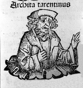 Řecký filozof Archytas z Taranta (435-347 př. n. l.) filozof Pythagorik, matematik, astronom. Xylografie „kronik Norimberku“ od Hartmanna Schedela