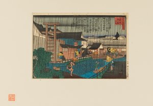 Woodblock print - Dešťová scéna v kita-shinchi v Ósace. Lidé s deštníky, 19. století