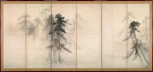 ""borovice"" Tuš na papíře Tohaku Hasegawa (1539-1610) 16. století Rozměr 156x356 cm Japonsko Tokijské národní muzeum