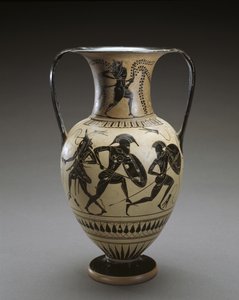 Černofigurová amfora s výjevem z Iliady, 540-520 př. n. l. (terakota a skluz) od Hattatt Painter (attr. to)