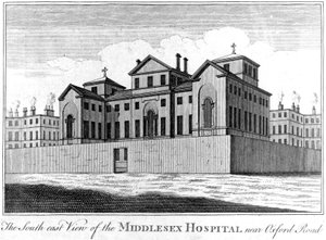 Jihovýchodní pohled na nemocnici Middlesex, 1745