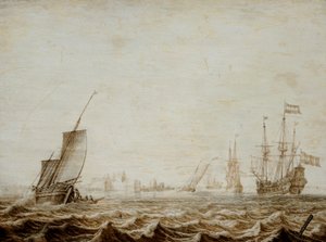 Wijdschip spouštějící plachtu na rozbouřeném moři, polovina 17. století (olej na desce) od Heerman Witmont