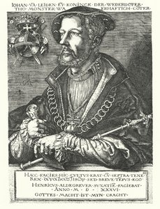 John z Leidenu, holandský anabaptistický vůdce a jeden z vůdců Munsterského povstání v letech 1534-1535 (rytina) od Heinrich (after) Aldegrever