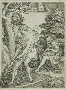 Adam a Eva v práci, z Příběhu Adama a Evy od Heinrich Aldegrever