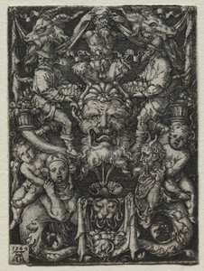 Ornament s maskou, pár tritonů a dvě děti pod nimi od Heinrich Aldegrever