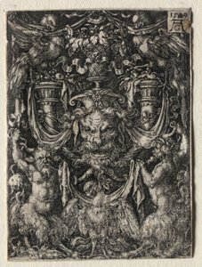 Ornamentový design s maskou a orlem mezi dvěma fauny dole, 1509. od Heinrich Aldegrever