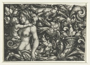 Ornament s listy liány a ženský triton s dítětem od Heinrich Aldegrever