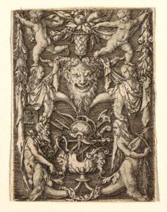 Ornament s maskou a groteskními postavami od Heinrich Aldegrever