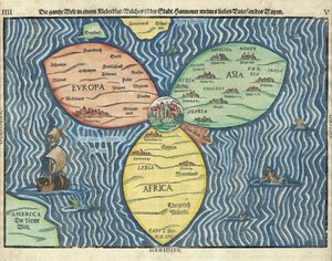 Tři kontinenty s Jeruzalémem ve středu světa par Heinrich Buntig (Buentig) (1545-1606) od Heinrich Buntig