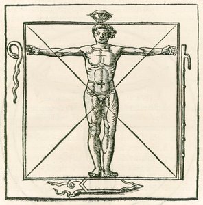 Muž na náměstí obklopený symboly oka, hada, sedmi oddílů a štítu. Rytina od Heinricha Cornelia Agrippa von Nettesheim (1486-1535) De occulta philosophia libri tres (Tři B od Heinrich Cornelius Agrippa von Nettesheim