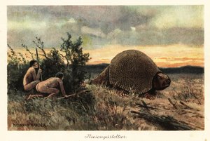 Primitivní muži s kopími lovící glyptodonta.