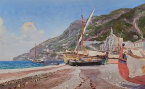 Amalfi, rybářské lodě na pláži / akvarel od H.Hermannse od Heinrich Hermanns